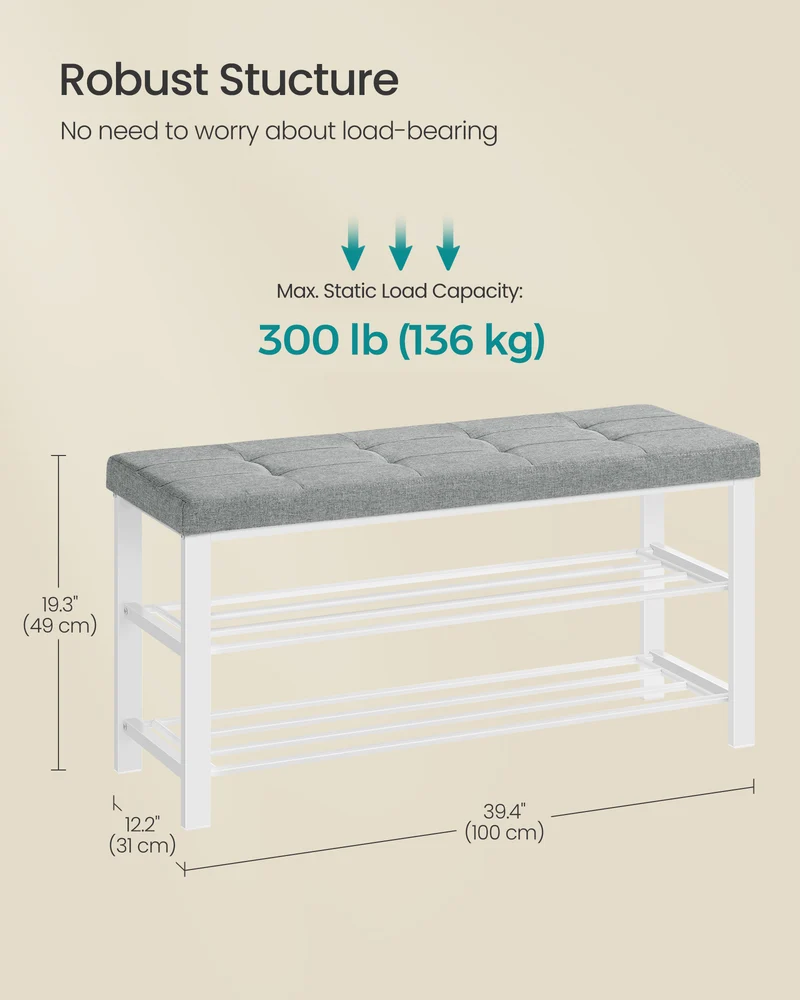 SONGMICS Shoe Bench, 3-Tier Shoe Rack for Entryway, Storage Organizer with Foam Padded Seat, Linen, Metal Frame, for Living Room, Hallway, 12.2 x 39.4 x 19.3 Inches