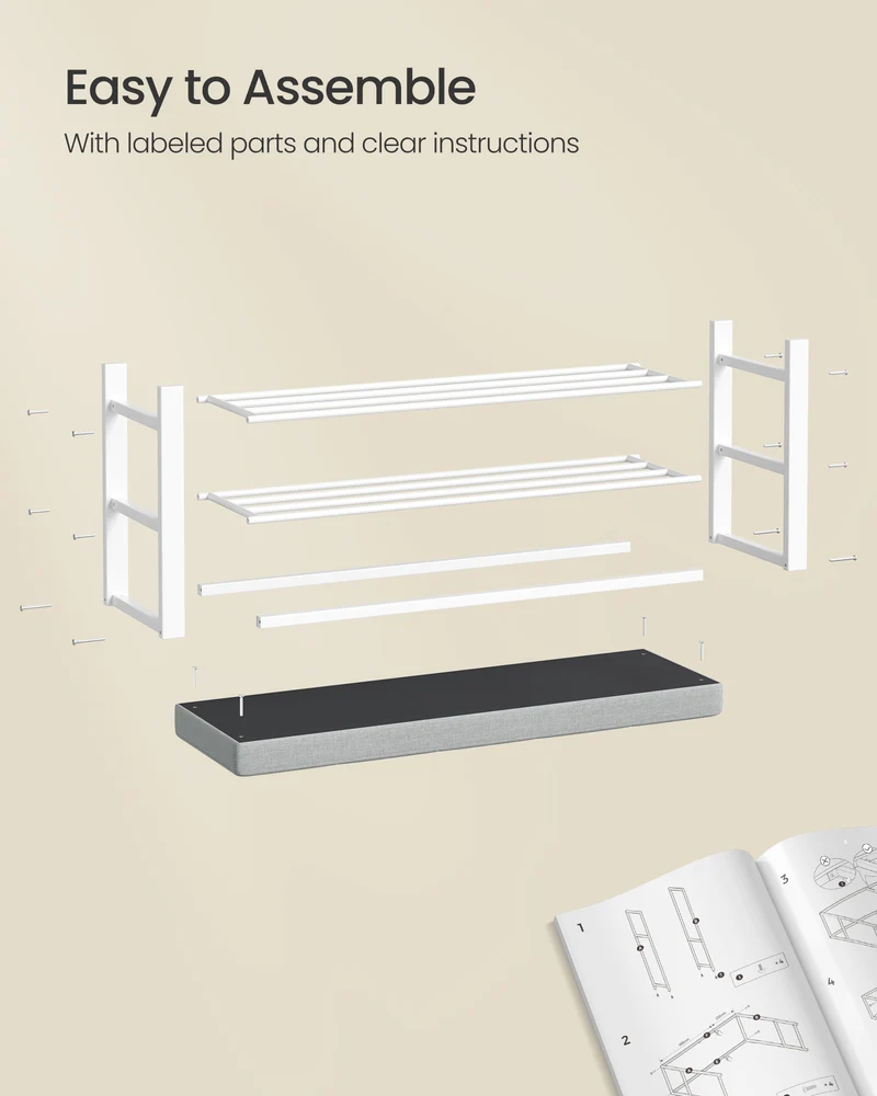 SONGMICS Shoe Bench, 3-Tier Shoe Rack for Entryway, Storage Organizer with Foam Padded Seat, Linen, Metal Frame, for Living Room, Hallway, 12.2 x 39.4 x 19.3 Inches
