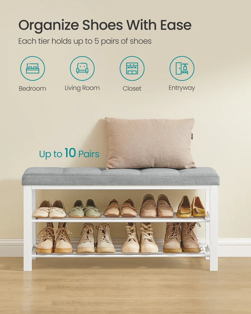 SONGMICS Shoe Bench, 3-Tier Shoe Rack for Entryway, Storage Organizer with Foam Padded Seat, Linen, Metal Frame, for Living Room, Hallway, 12.2 x 39.4 x 19.3 Inches