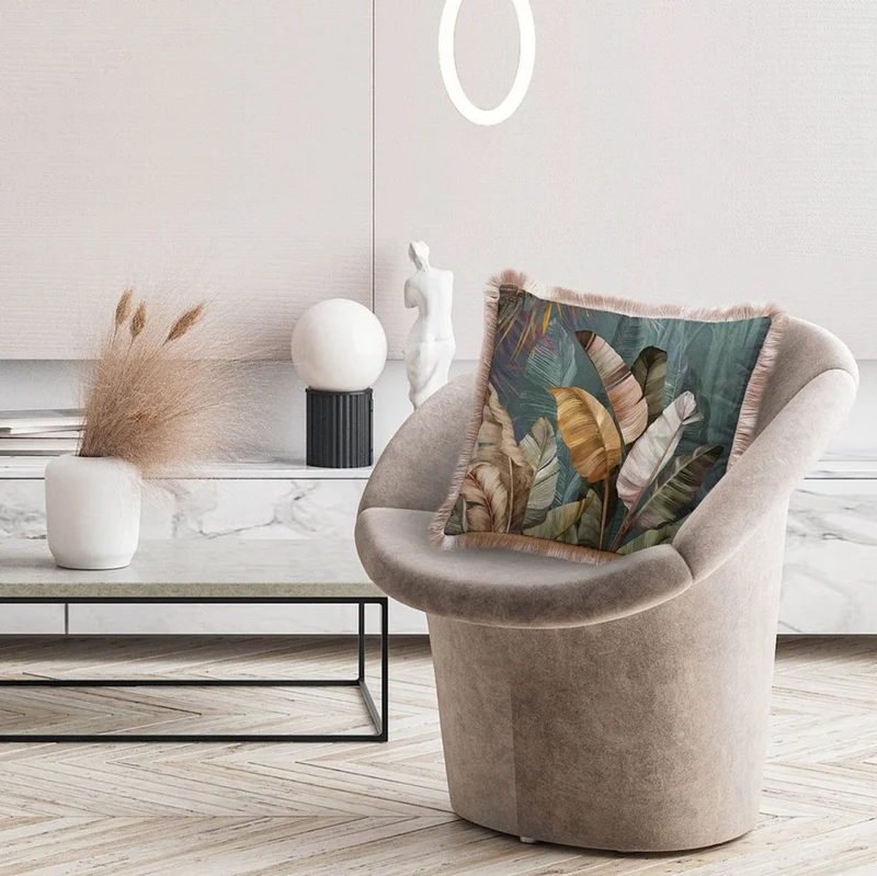 Casa Padrino Luxus Deko Kissen Sträucher Mehrfarbig / Braun 45 x 45 cm - Bedrucktes Samt Kissen mit Fransen - Luxus Deko Accessoires