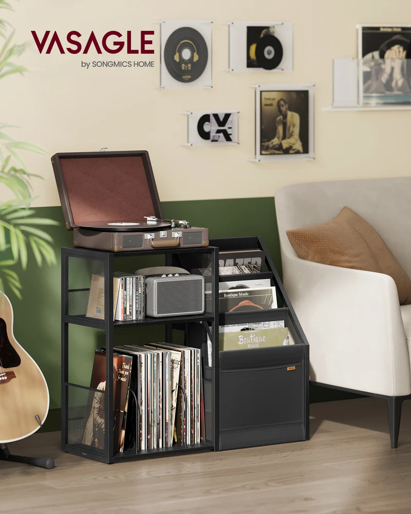 Record Player Stand, 3-Tier Side Table, Vinyl Record Storage up to 140 Albums, End Table for Living Room, Bedroom, Ebony Black