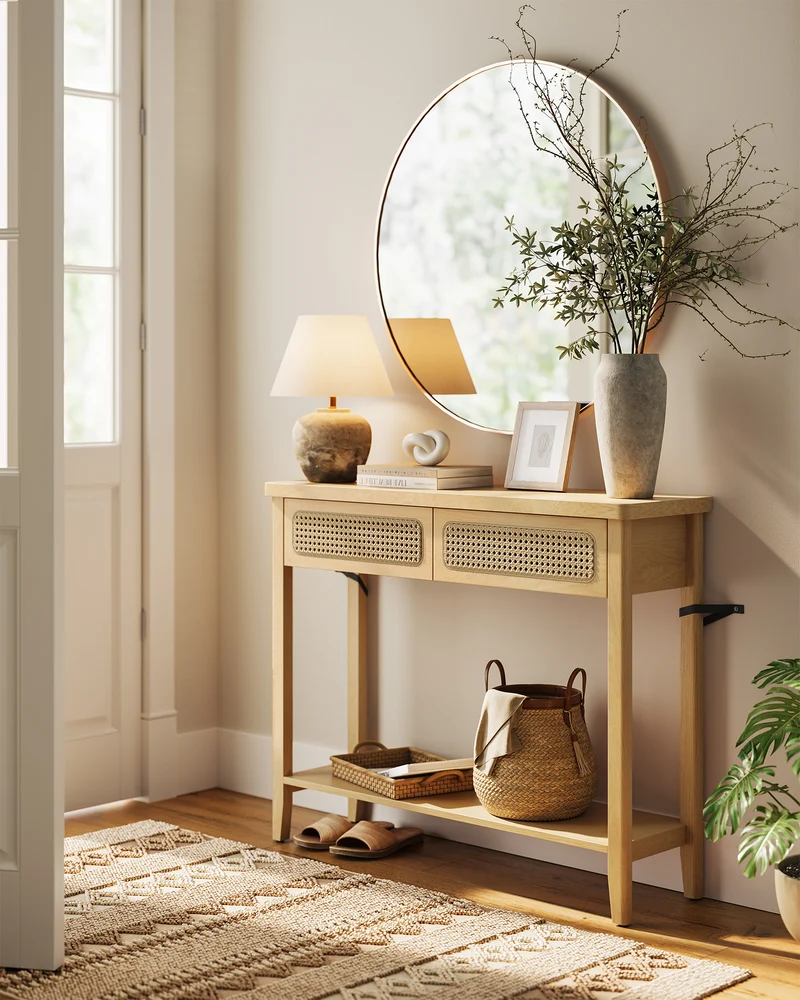 Console Table, Sofa Table, Narrow Entryway Table with 2 Drawers, Open Storage Shelf, Rounded Corners, for Living Room, Boho Style, Oak Beige