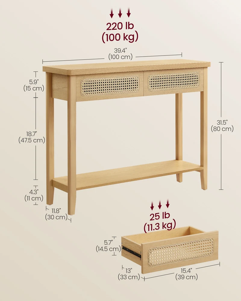 Console Table, Sofa Table, Narrow Entryway Table with 2 Drawers, Open Storage Shelf, Rounded Corners, for Living Room, Boho Style, Oak Beige