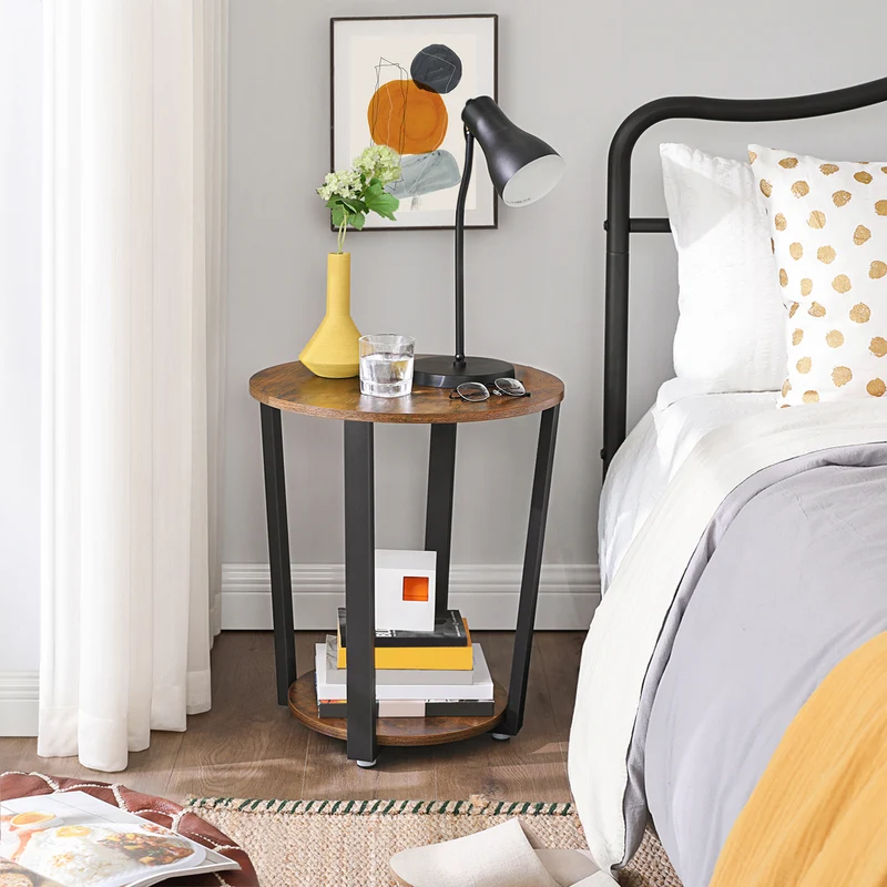 End Table, Round Side Table with Storage Shelf, Easy Assembly, Industrial Accent Furniture with Steel Frame, Rustic Brown and Black