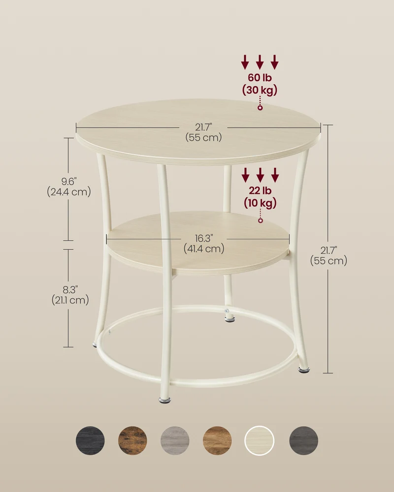 Side Table, 2-Tier Round End Table, Nightstand with Steel Frame for Small Spaces, Living Room, Bedroom, Natural Beige