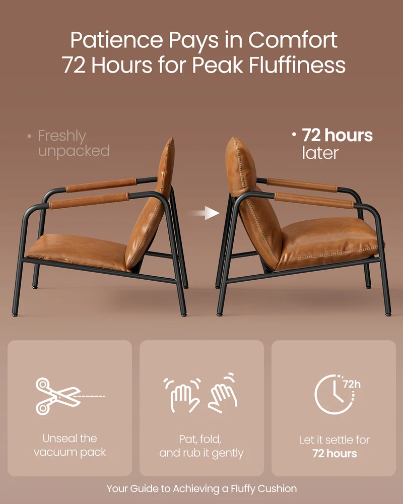 Accent Chair, Metal Framed Armchair, Synthetic Leather with Stitching, Mid-Century Modern, Sling Chair for Living, Bedroom, Reading Room, Lounge, Caramel Brown
