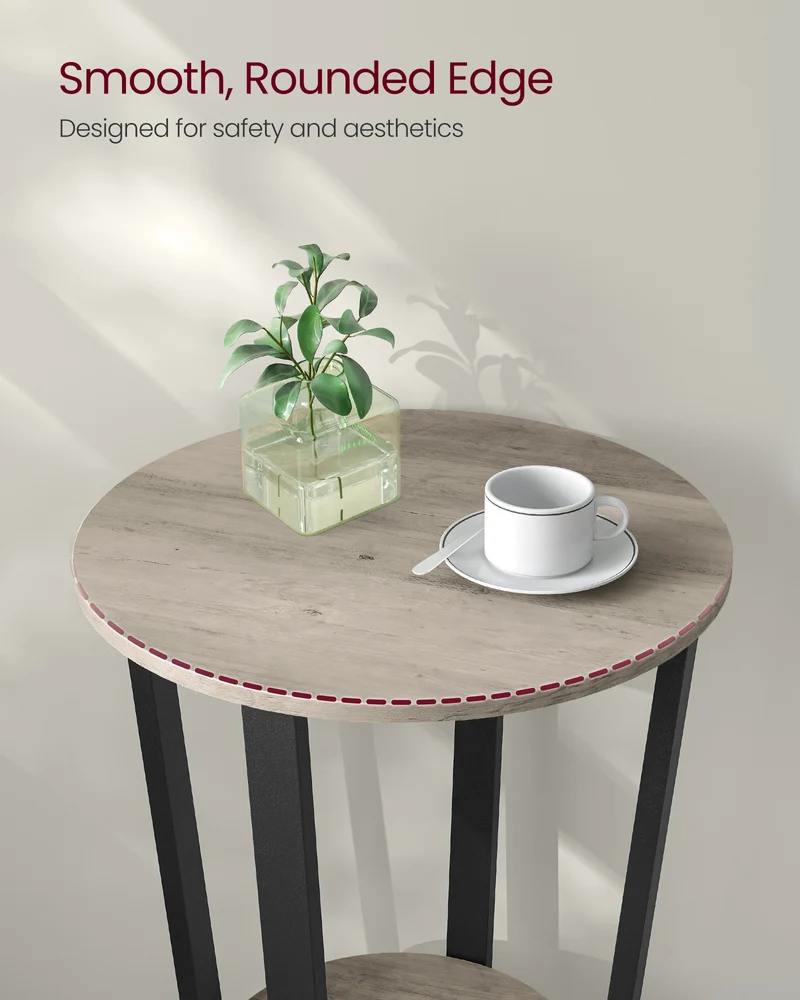 End Table, Round Side Table with Storage Shelf, Easy Assembly, Industrial Accent Furniture with Steel Frame, Heather Greige and Black