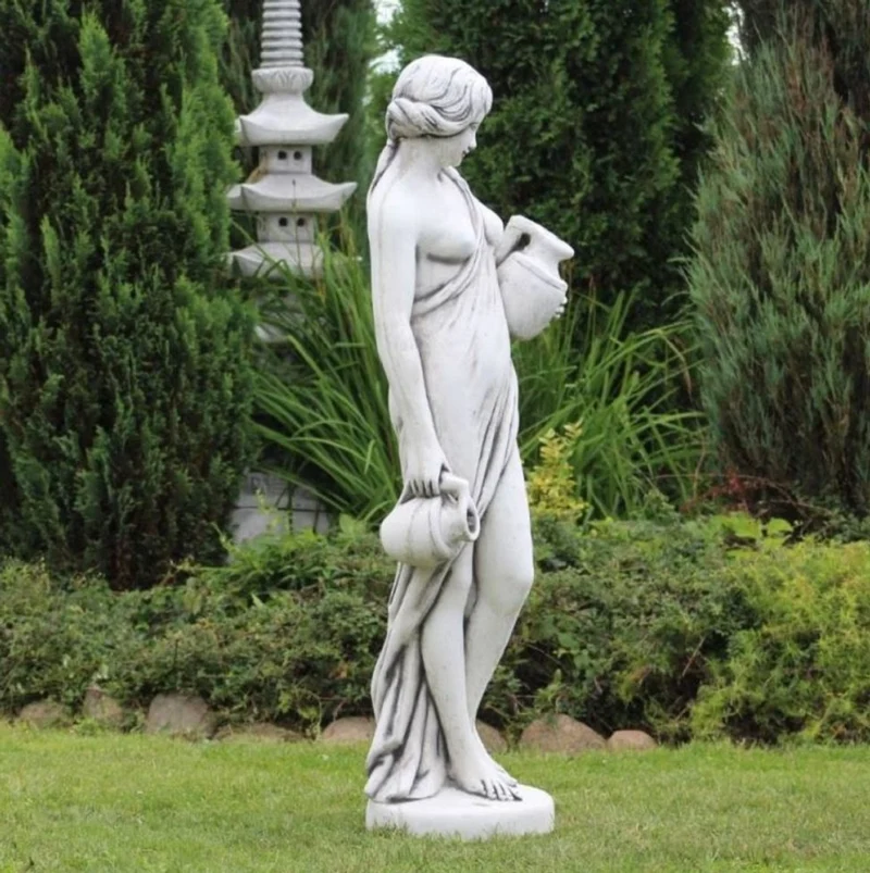 Casa Padrino Jugendstil Wasserspeier Skulptur Frau mit Krügen Grau H. 140 cm - Elegante Wasserspeier Stein Figur - Barock & Jugendstil Garten Deko Accessoires