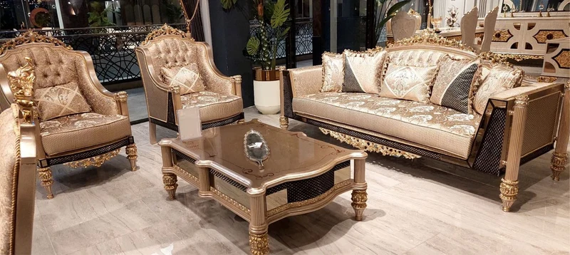 Casa Padrino Luxus Barock Wohnzimmer Set Gold / Schwarz / Grau / Gold - 2 Barock Sofas & 2 Barock Sessel & 1 Barock Couchtisch - Luxus Wohnzimmer Möbel im Barockstil - Barock Möbel