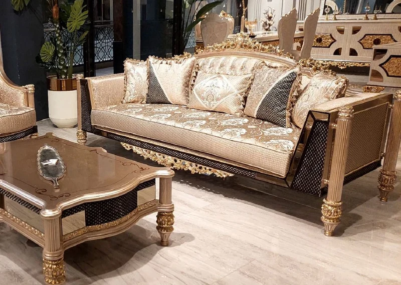 Casa Padrino Luxus Barock Wohnzimmer Set Gold / Schwarz / Grau / Gold - 2 Barock Sofas & 2 Barock Sessel & 1 Barock Couchtisch - Luxus Wohnzimmer Möbel im Barockstil - Barock Möbel