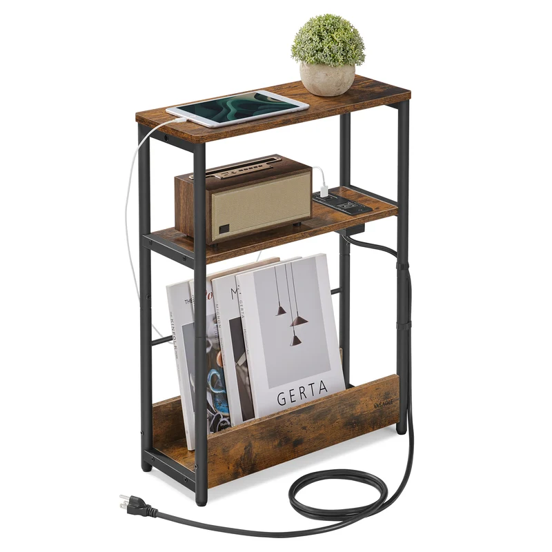 Side Table with Charging Station, Narrow End Table, 3-Tier Nightstand, Sofa Table for Small Spaces, Magazine Rack, for Living Room, Bedroom, Study, Rustic Brown and Ink Black
