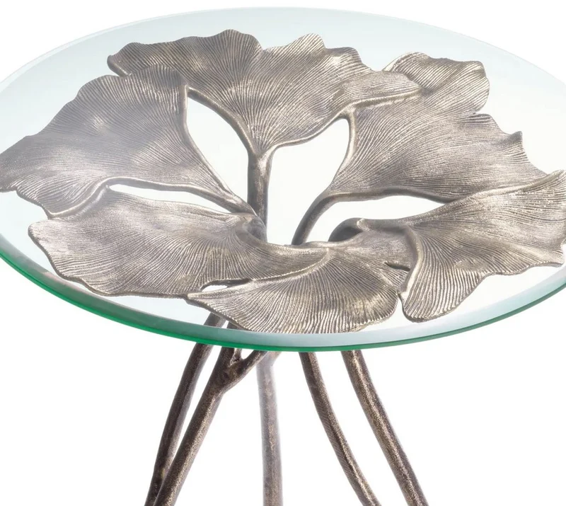 Casa Padrino Luxus Beistelltisch Vintage Messing Ø 58 x H. 56,5 cm - Runder Aluminium Tisch mit Glasplatte - Luxus Möbel - Wohnzimmer Möbel - Hotel Möbel - Luxus Einrichtung