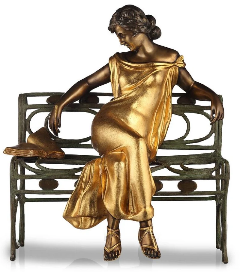 Casa Padrino Luxus Jugendstil Skulptur Dame auf Sitzbank Bronze mit Patina / Gold / Antik Grün H.65 cm - Handgefertigte Bronze Deko Figur - Luxus Qualität - Made in Italy