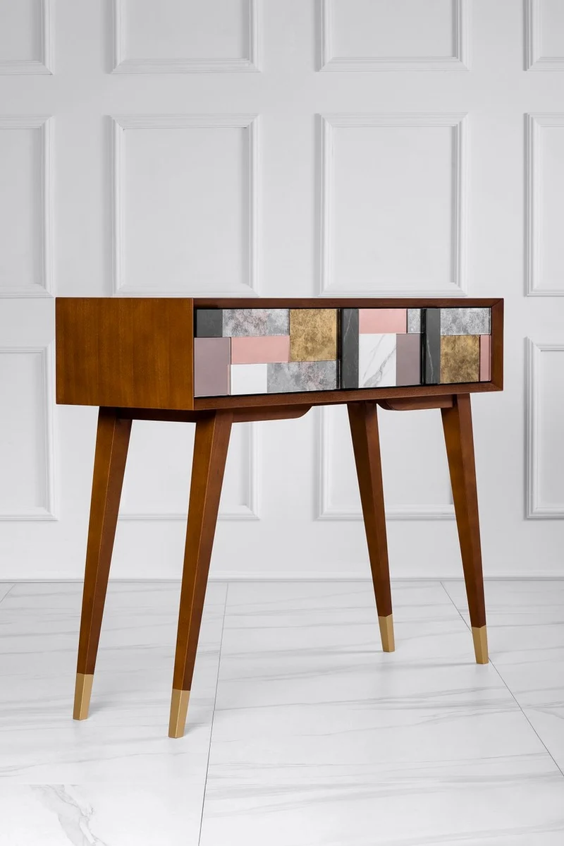 Casa Padrino Luxus Konsole Matt Cognac / Mehrfarbig / Gold 100 x 35 x H. 80 cm - Verspiegelter Massivholz Konsolentisch mit 2 Schubladen - Luxus Möbel - Luxus Einrichtung
