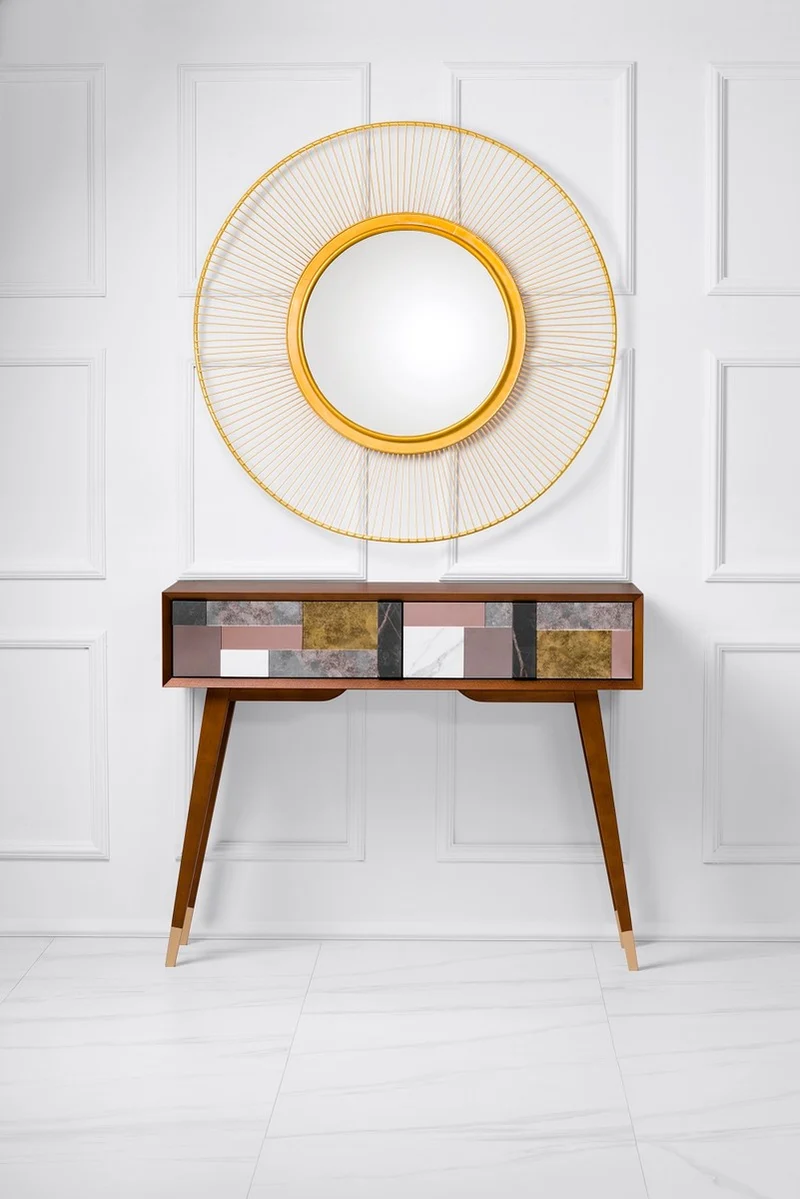 Casa Padrino Luxus Konsole Matt Cognac / Mehrfarbig / Gold 100 x 35 x H. 80 cm - Verspiegelter Massivholz Konsolentisch mit 2 Schubladen - Luxus Möbel - Luxus Einrichtung