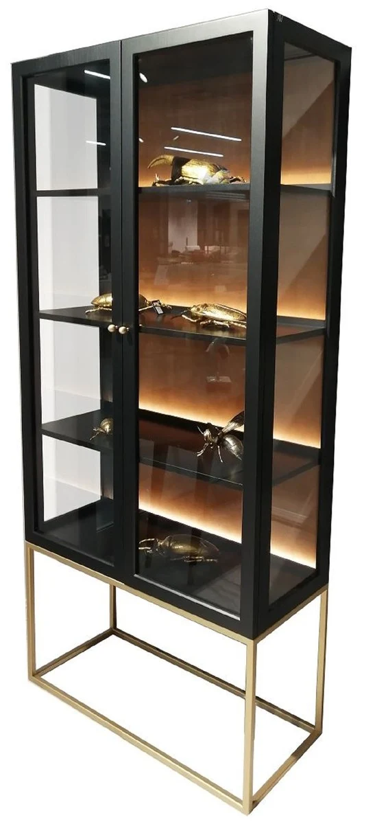 Casa Padrino Luxus Vitrine mit LED Beleuchtung Matt Schwarz / Messing / Matt Cognac 90 x 40 x H. 200 cm - Beleuchteter Massivholz Vitrinenschrank mit 2 Glastüren - Wohnzimmer Möbel - Luxus Möbel