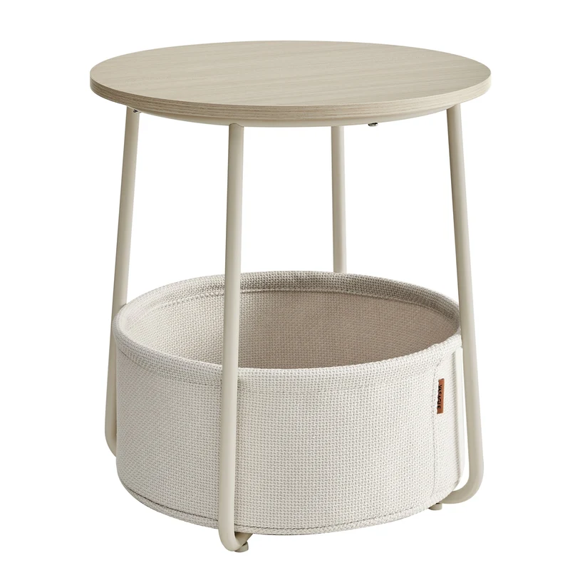 VASAGLE Round End Side Table with Fabric Storage Basket Bedside Table Nightstand for Living Room Bedroom Cream White