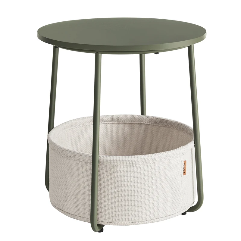 VASAGLE Round End Side Table with Fabric Storage Basket Bedside Table Nightstand for Living Room Bedroom Forest Green and Cream White