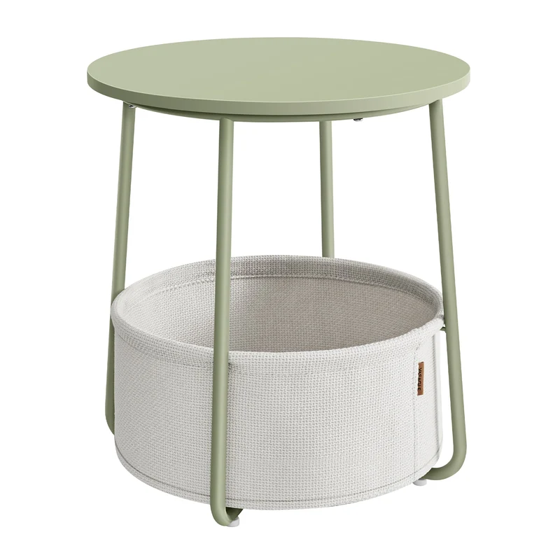 VASAGLE Round End Side Table with Fabric Storage Basket Bedside Table Nightstand for Living Room Bedroom Laurel Green and Cream White