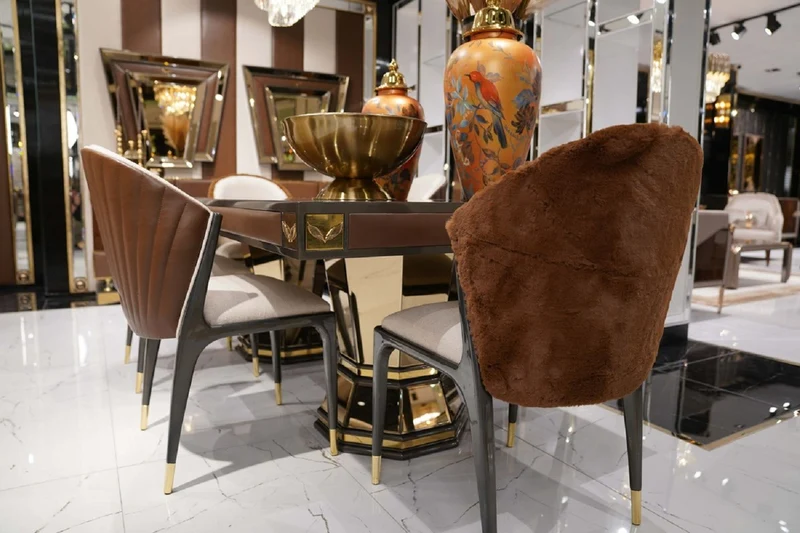 Casa Padrino Luxus Esstisch Braun / Grau / Gold 226 x 112 x H. 70 cm - Rechteckiger Küchentisch mit Spiegelglas und edlem Kunstleder - Esszimmer Möbel - Luxus Möbel