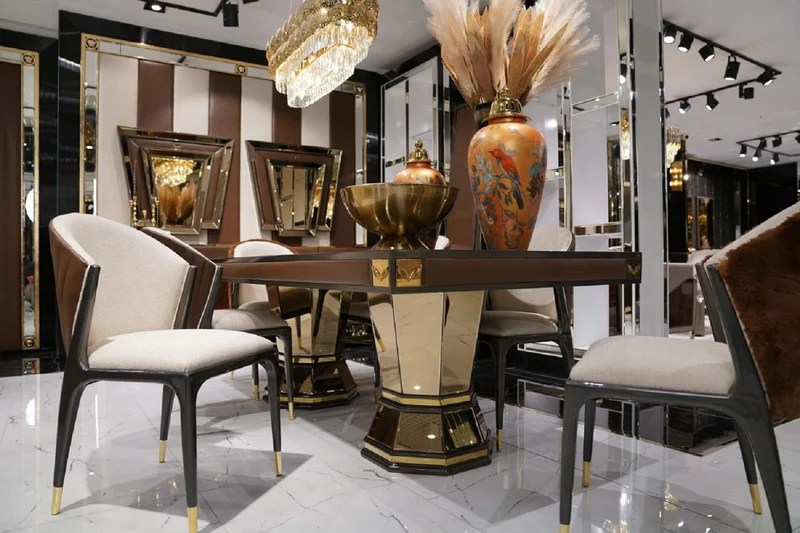 Casa Padrino Luxus Esstisch Braun / Grau / Gold 226 x 112 x H. 70 cm - Rechteckiger Küchentisch mit Spiegelglas und edlem Kunstleder - Esszimmer Möbel - Luxus Möbel