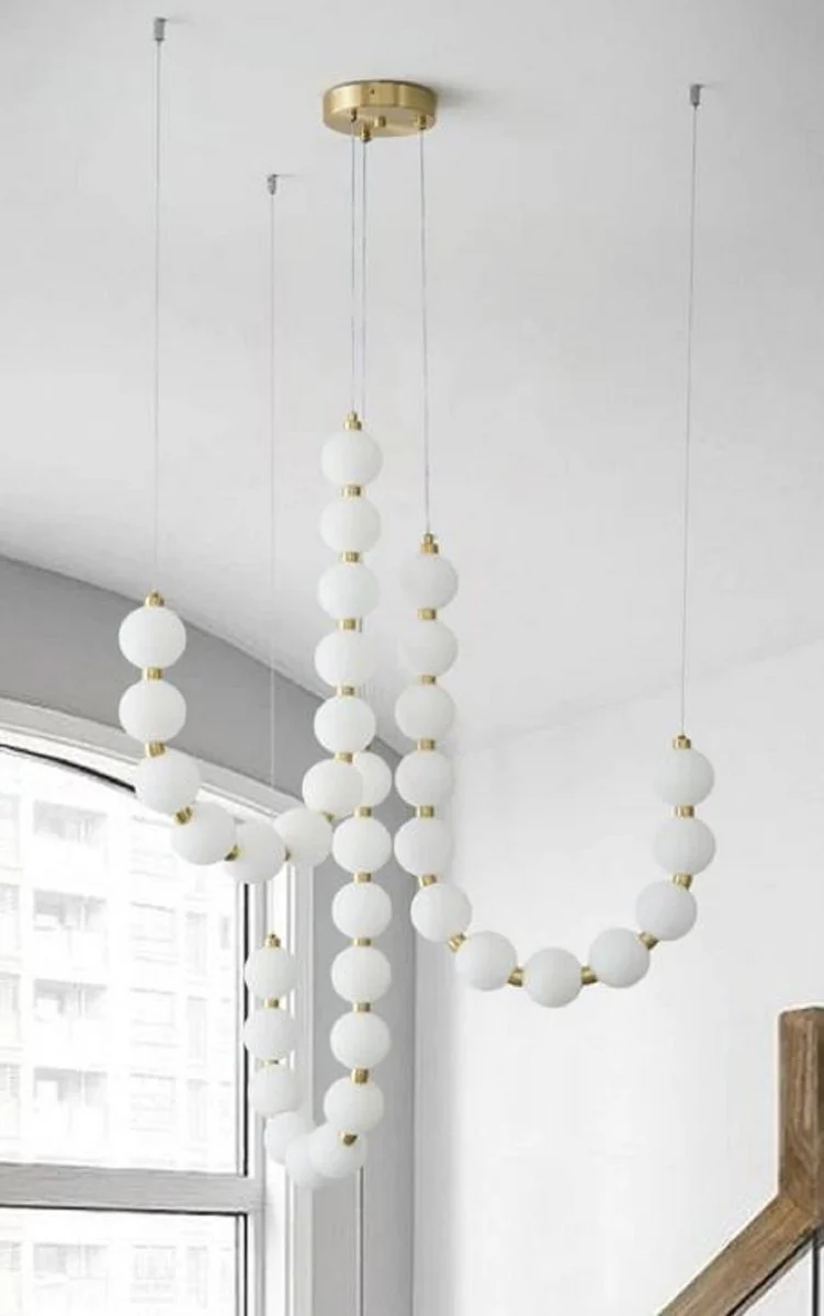 Casa Padrino Luxus LED Hängeleuchte Weiß / Messing 90 x H. 65 cm - Hängelampe mit runden Acryl Lampenschirmen - Wohnzimmer Hängeleuchte - Luxus Leuchten - Luxus Qualität - Made in Italy