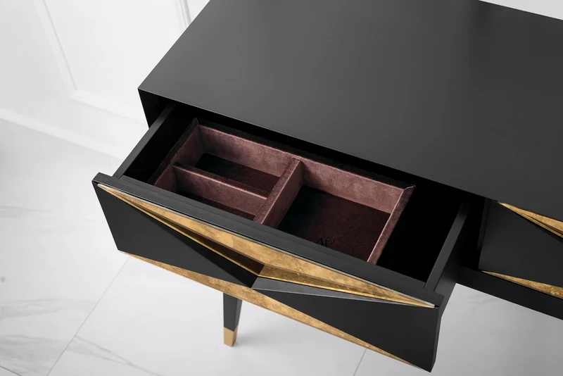Casa Padrino Luxus Konsole Matt Schwarz / Antik Gold / Gold 100 x 35 x H. 80 cm - Verspiegelter Massivholz Konsolentisch mit 2 Schubladen - Luxus Möbel - Luxus Einrichtung