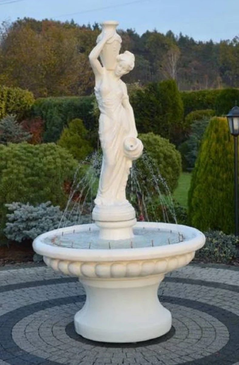 Casa Padrino Barock Springbrunnen Dame Weiß Ø 120 x H. 206 cm - Prunkvoller Gartenbrunnen im Barockstil - Runder Gartendeko Stein Brunnen - Barock Garten Deko Accessoires