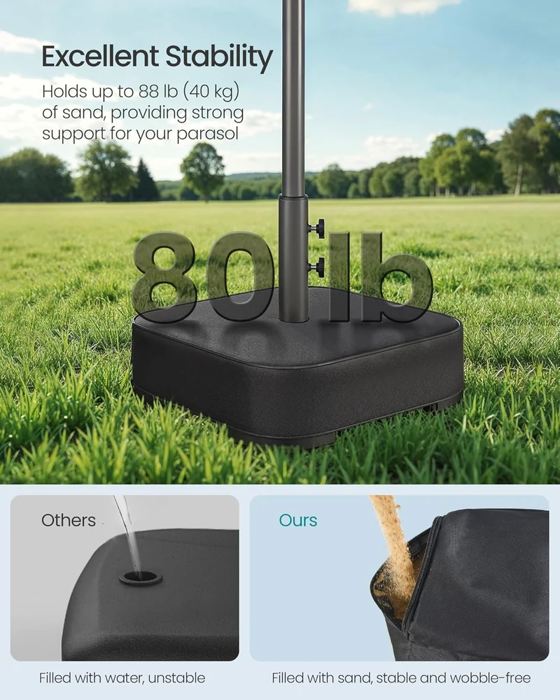 Umbrella Base, Square Patio Umbrella Stand, Sand Fillable Bag 88 lb, for 5-10 ft Umbrellas, Heavy-Duty, for Poles of Different Diameters, Oudoor Beach Lawn, Black