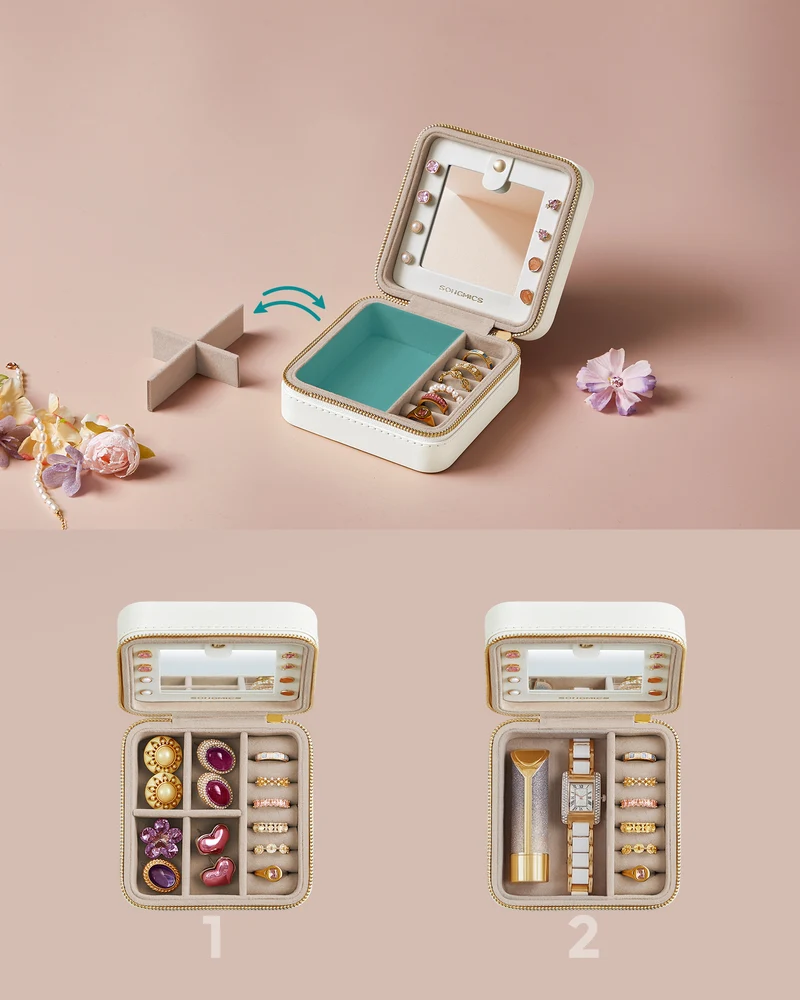 SONGMICS Jewelry Box Travel Jewelry Box with Interior Mirror, PU Leather Jewelry Storage for Women, Small Jewelry Organizer, Portable, Gift Idea, Cloud White