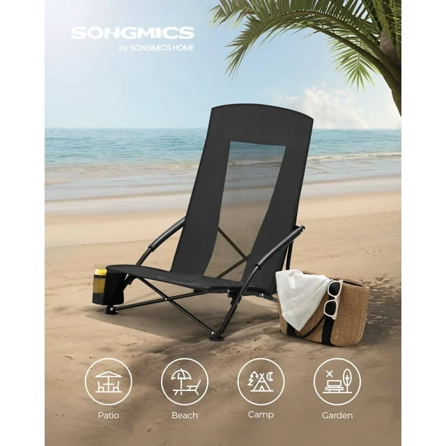 Set of 2 Camping Chairs, Beach Chairs, Black
