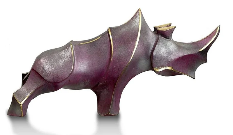 Casa Padrino Luxus Designer Deko Bronze Skulptur Nashorn Lila Metallic / Schwarz / Gold 53 x 18 x H. 27 cm - Abstrakte Bronze Deko Figur - Schreibtisch Deko - Luxus Qualität - Made in Italy
