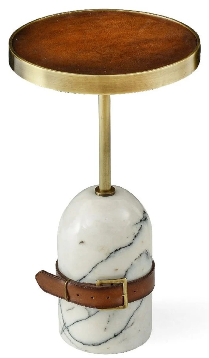 Casa Padrino Luxus Beistelltisch Braun / Messing / Weiß Ø 29,5 x H. 51,5 cm - Runder Tisch mit Marmorfuß - Wohnzimmer Möbel - Luxus Möbel
