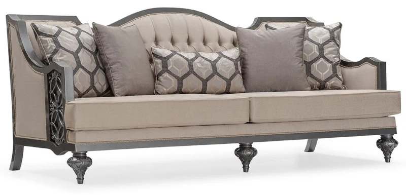 Casa Padrino Luxus Barock Wohnzimmer Sofa Beige / Grau - Handgefertigtes Barockstil Sofa mit dekorativen Kissen - Luxus Wohnzimmer Möbel im Barockstil - Barock Möbel