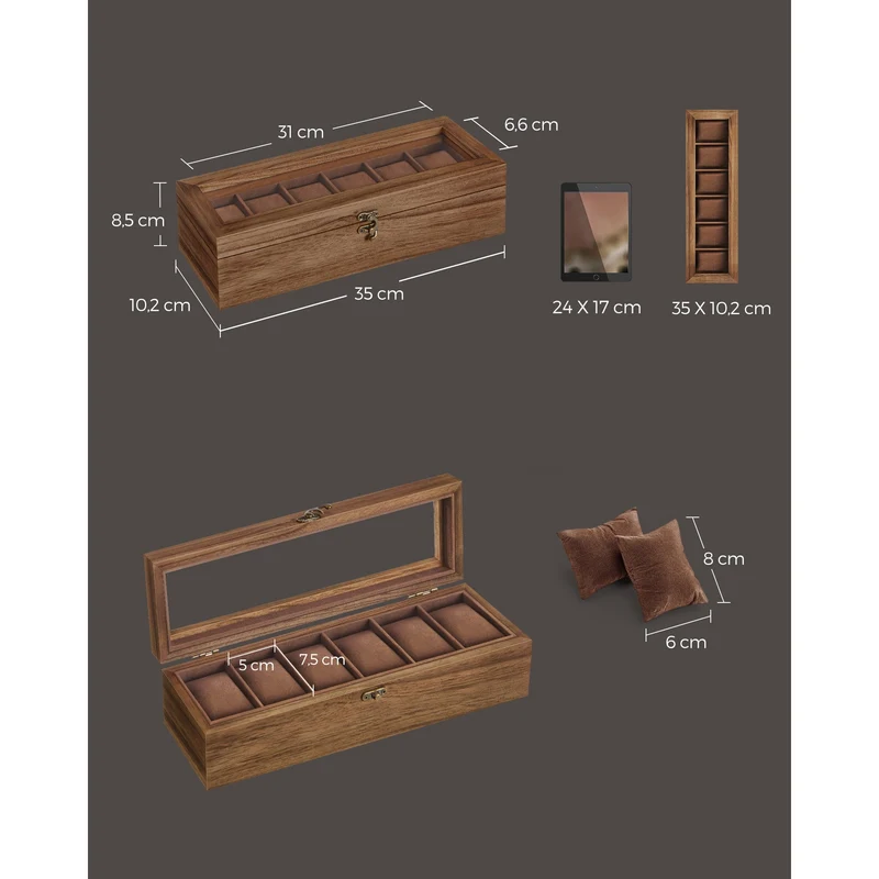 6-Slot Watch Box, 4"D x 13.8"W Wood Watch Box Organizer with Glass Lid, Rustic Walnut