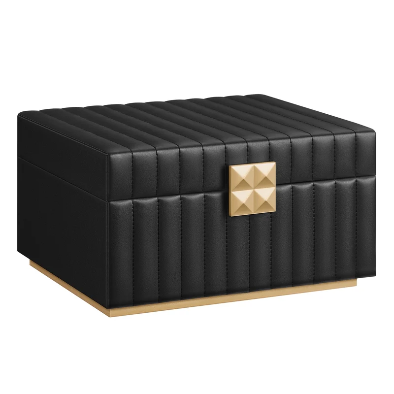 2-Tier Jewelry Box with Mirror, Lockable Jewelry Organizer, PU Surface with Stitching, Black