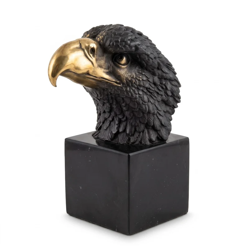 Casa Padrino Luxus Bronze Deko Skulptur Adlerkopf Schwarz / Gold 10 x 17 x H. 22 cm - Bronze Figur mit Marmorsockel - Wohnzimmer Deko - Schreibtisch Deko - Deko Accessoires