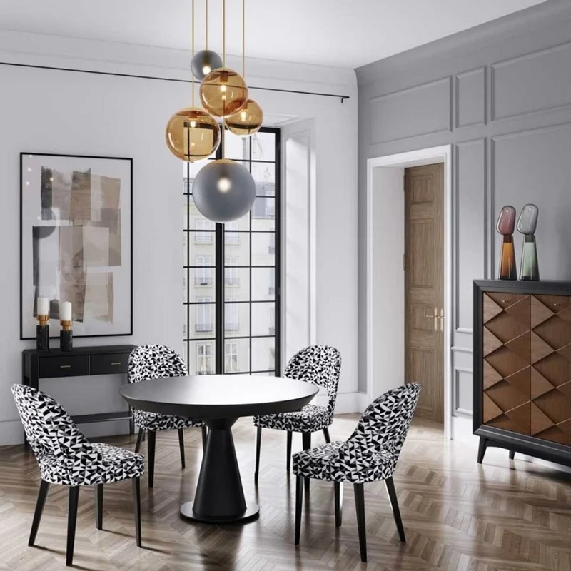 Casa Padrino Luxus Art Deco Esszimmer Stuhl 6er Set Weiß / Grau / Schwarz 49 x 61 x H. 89 cm - Art Deco Küchenstühle mit Muster - Esszimmer Möbel - Luxus Möbel - Art Deco Möbel - Luxus Einrichtung