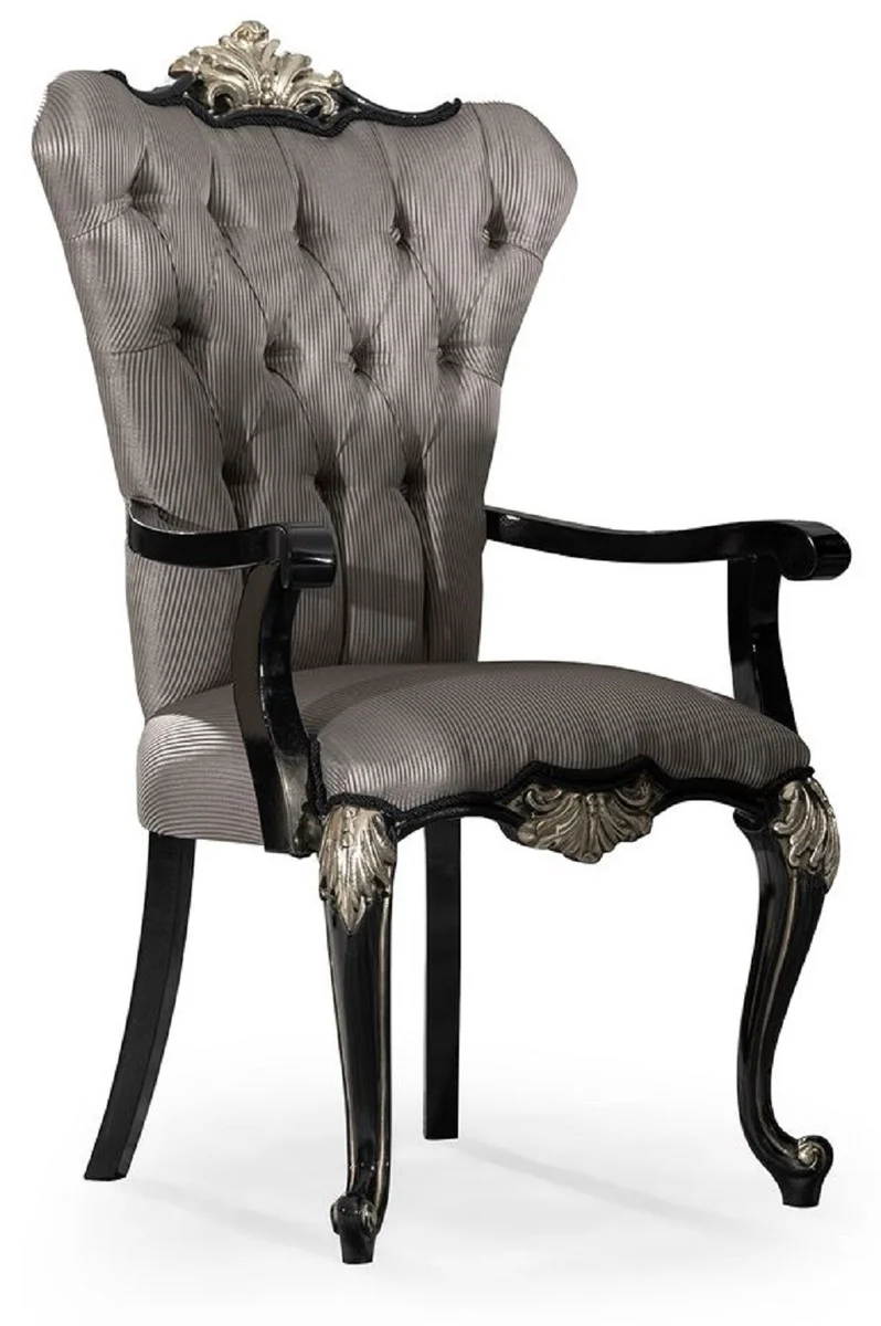 Casa Padrino Luxus Barock Esszimmer Stuhl 6er Set mit Armlehnen Silber / Schwarz / Silber - Prunkvolle Barockstil Küchen Stühle - Luxus Barock Esszimmer Möbel - Edel & Prunkvoll