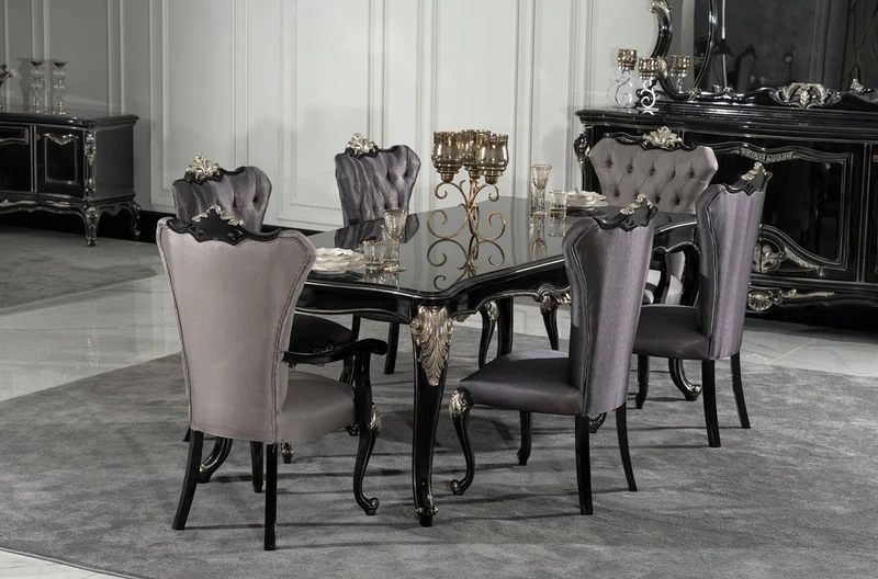 Casa Padrino Luxus Barock Esszimmer Stuhl 6er Set mit Armlehnen Silber / Schwarz / Silber - Prunkvolle Barockstil Küchen Stühle - Luxus Barock Esszimmer Möbel - Edel & Prunkvoll