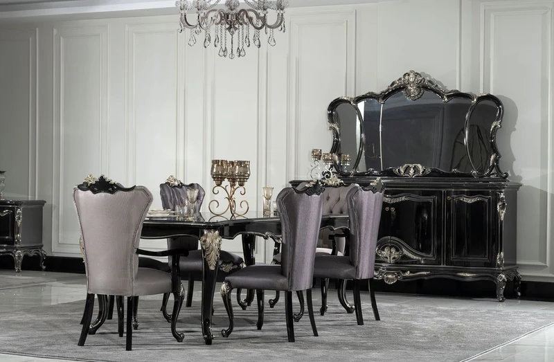 Casa Padrino Luxus Barock Esszimmer Stuhl 6er Set mit Armlehnen Silber / Schwarz / Silber - Prunkvolle Barockstil Küchen Stühle - Luxus Barock Esszimmer Möbel - Edel & Prunkvoll