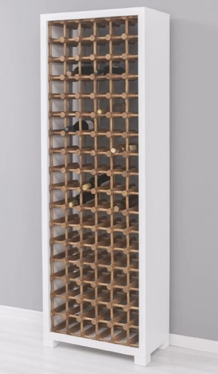 Casa Padrino Landhausstil Massivholz Weinschrank Weiß / Naturfarben 68 x 35 x H. 200 cm - Massivholz Weinregal im Landhausstil - Massivholz Bar Möbel - Landhausstil Bar Möbel