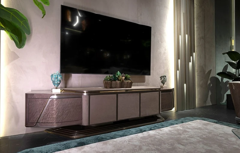 Casa Padrino Luxus TV Schrank Grau / Gold 251 x 50 x H. 58 cm - Massivholz Sideboard mit 5 Türen - Wohnzimmer Möbel - Luxus Möbel - Luxus Einrichtung