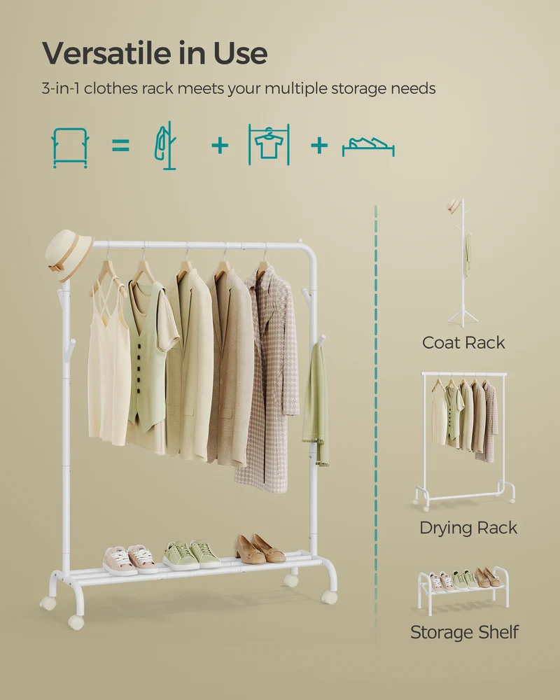 Clothes Rack, Single-Rod Clothing Rack with Wheels, Heavy-Duty Metal Frame, Garment Rack, 110 lb Max. Total Load, 40.7 Inches Wide, Clothes Storage and Display, Cloud White