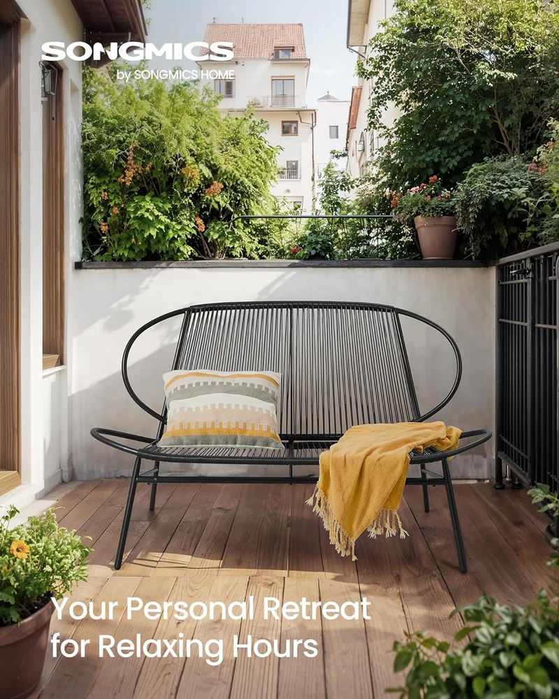 Outdoor Settee, 2-Seat Garden Furniture with Backrest, PE Rattan, 27.6 x 54.5 x 31.2 Inches, for Terrace, Garden, Balcony, Outdoor, Ink Black