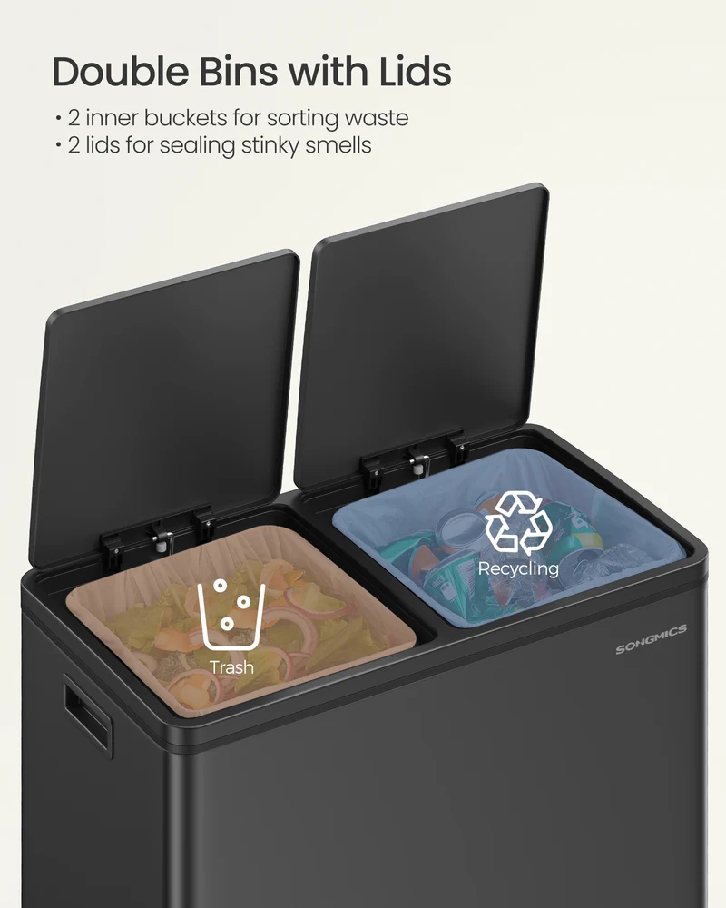 Dual Rubbish Bin, 2 x 30L Recycling Bin with 15 Rubbish Bags, 2-Compartment Metal Pedal Bin with Lids and Plastic Inner Buckets, Soft Closure, Black
