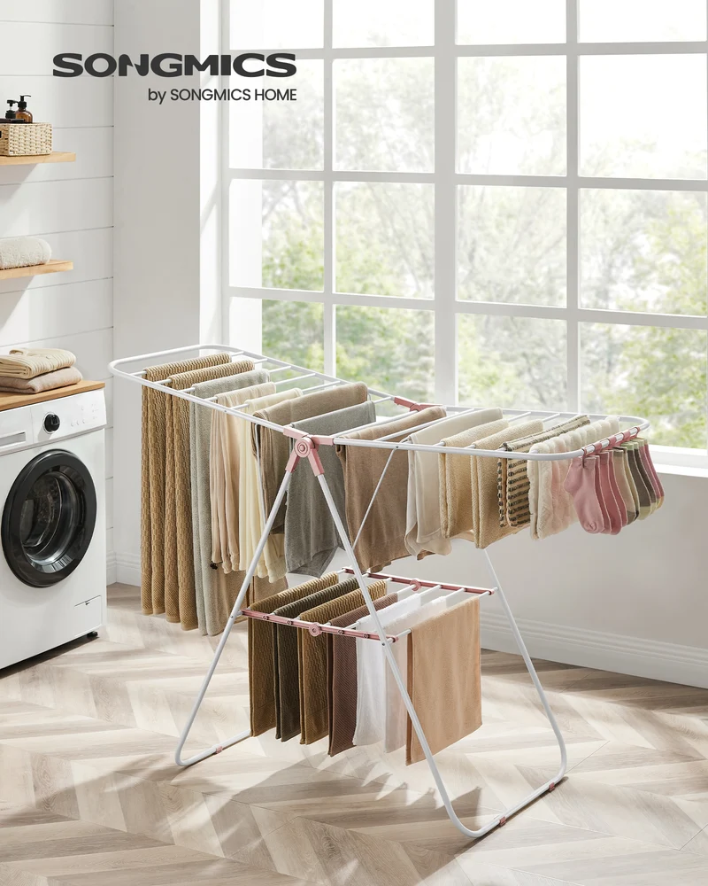 Clothes Drying Rack, with Sock Clips, Metal Laundry Rack, Foldable, Space-Saving, Free-Standing Airer, with 2 Height-Adjustable Gullwings, Indoor Outdoor Use, White and Pink