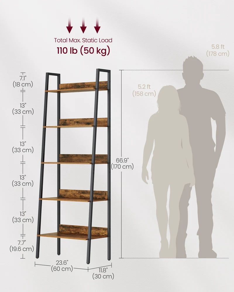 Bookshelf, 5-Tier Narrow Book Shelf, 11.8 x 23.6 x 66.9 Inches, Ladder Shelf for Home Office, Living Room, Bedroom, Kitchen, Rustic Brown and Ink Black