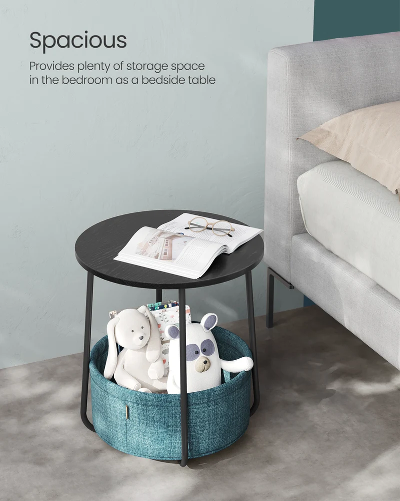 Small Round Side End Table, Modern Nightstand with Fabric Basket, Ebony Black and Turquoise Blue