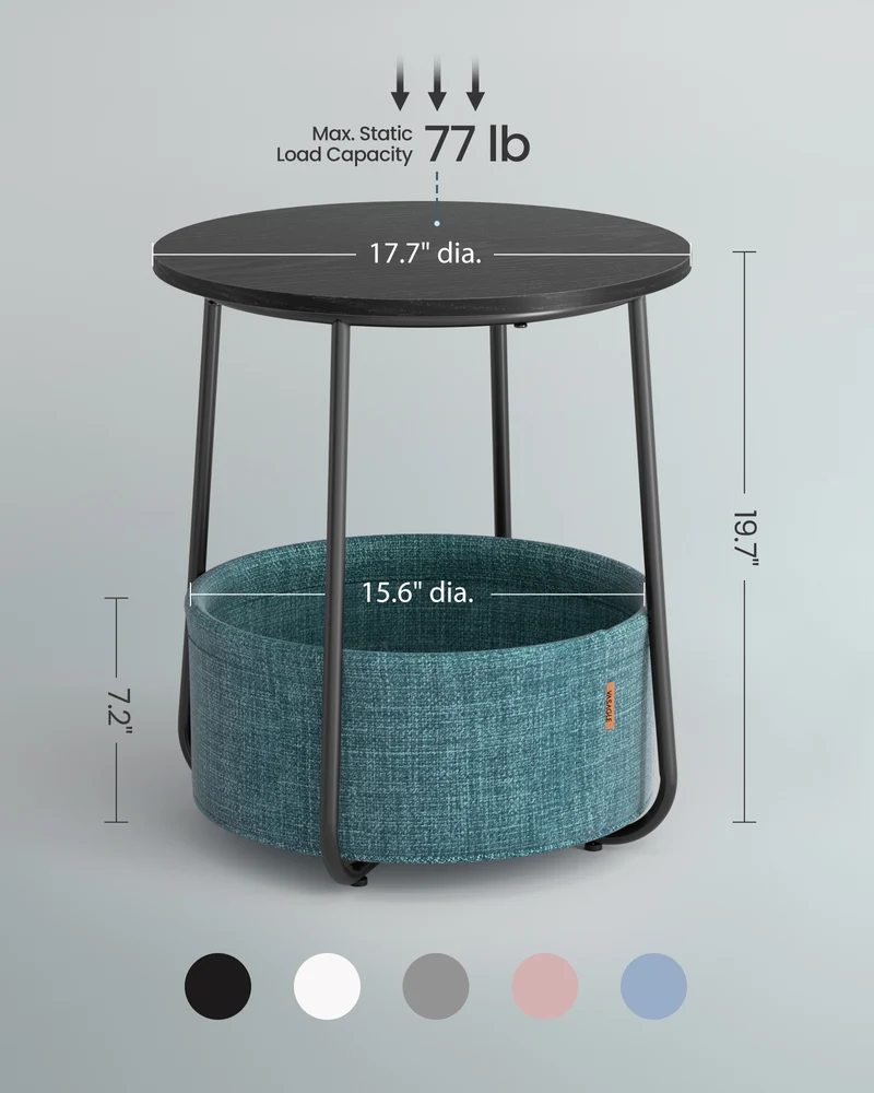 Small Round Side End Table, Modern Nightstand with Fabric Basket, Ebony Black and Turquoise Blue